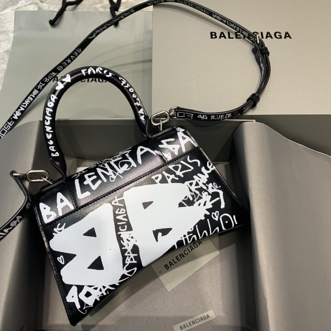 Balenciaga Hourglass Small Handbag Graffiti Shoulder Bag Black